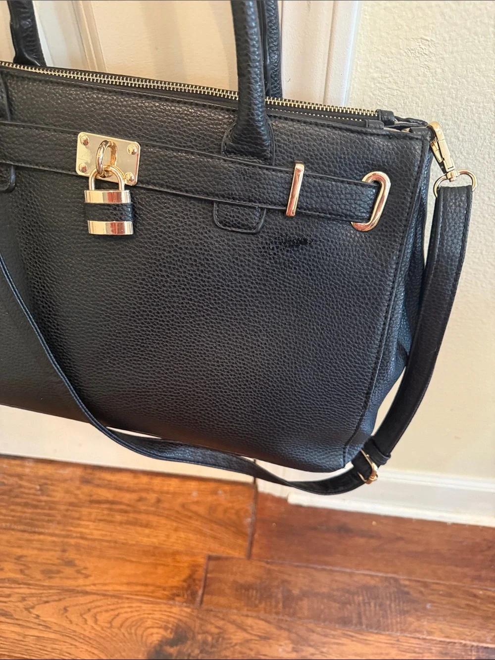 Black Satchel Handbag with Gold Padlock Accent